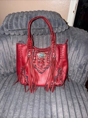 Red Fringed Leather Tote Cowgirl Trendy with Turquoise Accent Like New Conceal